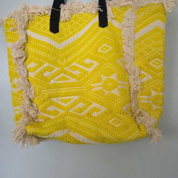 Raj Anthropology Yellow Black Fringe Embrodiered Leather Shoulder Bag Tote Purse - Picture 6 of 16